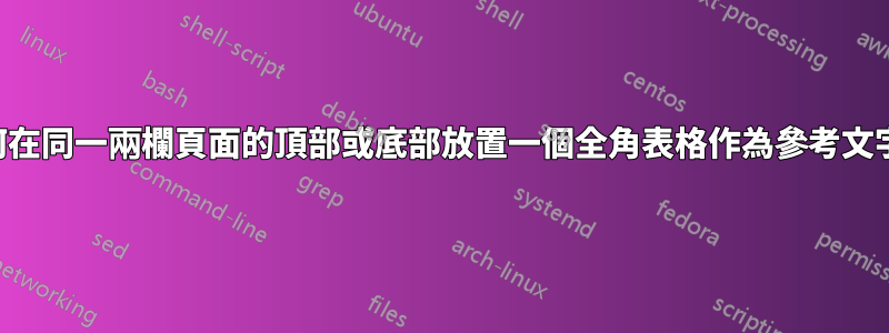 如何在同一兩欄頁面的頂部或底部放置一個全角表格作為參考文字？