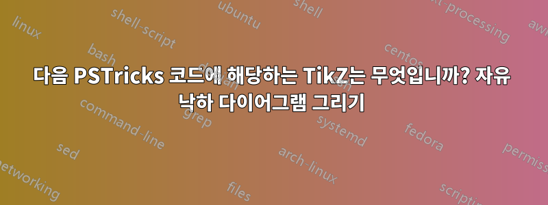 다음 PSTricks 코드에 해당하는 TikZ는 무엇입니까? 자유 낙하 다이어그램 그리기