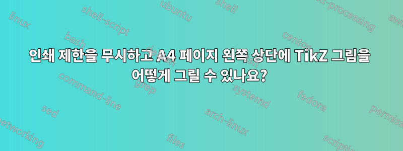 인쇄 제한을 무시하고 A4 페이지 왼쪽 상단에 TikZ 그림을 어떻게 그릴 수 있나요?