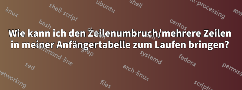 Wie kann ich den Zeilenumbruch/mehrere Zeilen in meiner Anfängertabelle zum Laufen bringen?