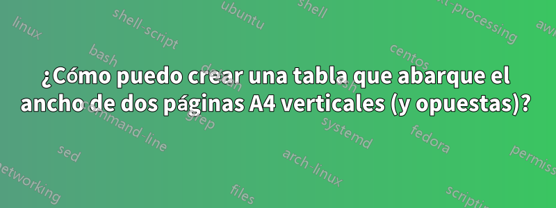 ¿Cómo puedo crear una tabla que abarque el ancho de dos páginas A4 verticales (y opuestas)?