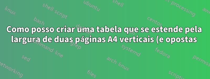 Como posso criar uma tabela que se estende pela largura de duas páginas A4 verticais (e opostas)?