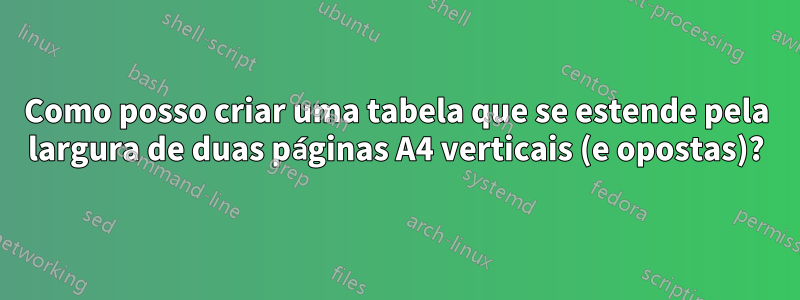 Como posso criar uma tabela que se estende pela largura de duas páginas A4 verticais (e opostas)?