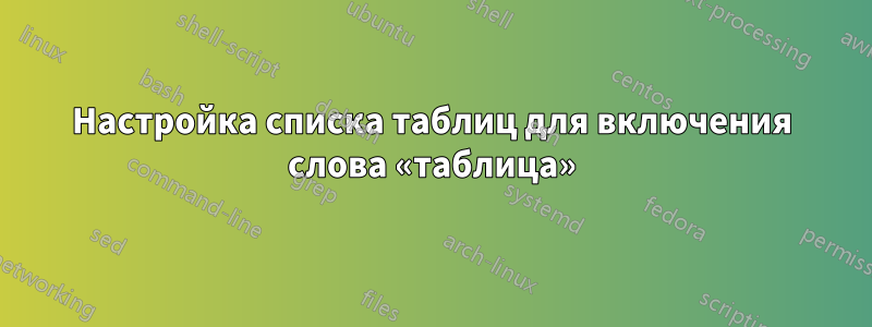 Настройка списка таблиц для включения слова «таблица»