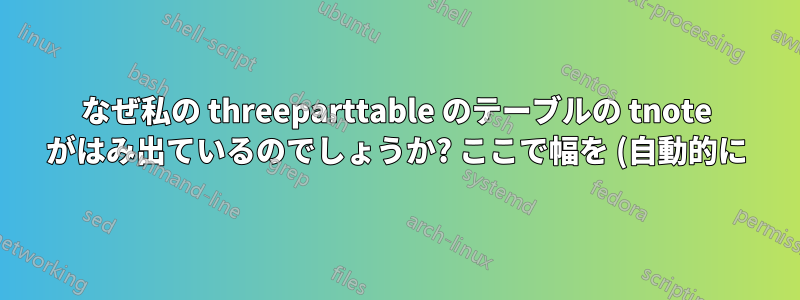 なぜ私の threeparttable のテーブルの tnote がはみ出ているのでしょうか? ここで幅を (自動的に) 調整するにはどうすればよいでしょうか?