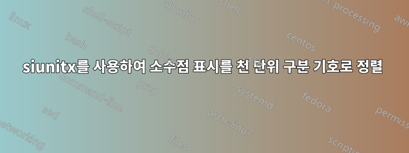 siunitx를 사용하여 소수점 표시를 천 단위 구분 기호로 정렬