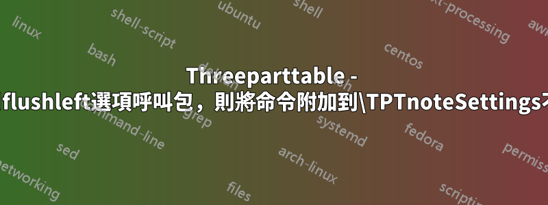 Threeparttable - 如果使用flushleft選項呼叫包，則將命令附加到\TPTnoteSettings不起作用