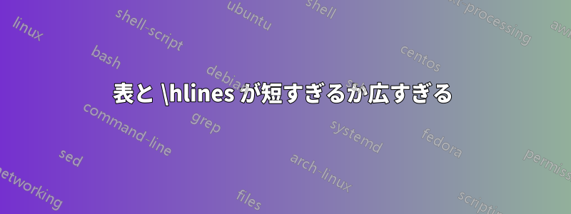 表と \hlines が短すぎるか広すぎる