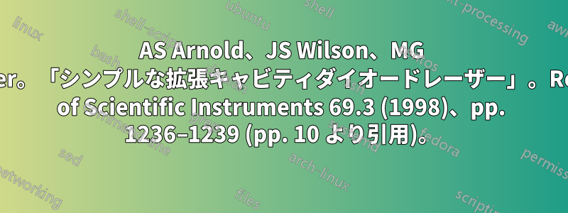 AS Arnold、JS Wilson、MG Boshier。「シンプルな拡張キャビティダイオードレーザー」。Review of Scientific Instruments 69.3 (1998)、pp. 1236–1239 (pp. 10 より引用)。
