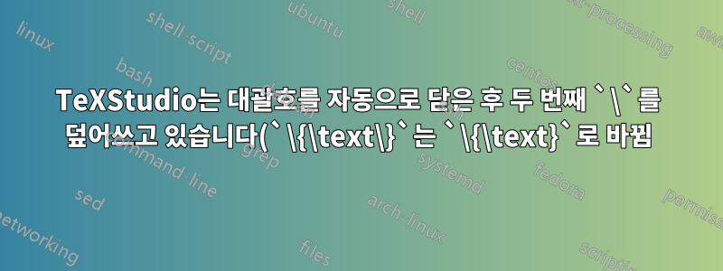 TeXStudio는 대괄호를 자동으로 닫은 후 두 번째 `\`를 덮어쓰고 있습니다(`\{\text\}`는 `\{\text}`로 바뀜).
