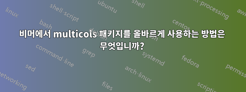 비머에서 multicols 패키지를 올바르게 사용하는 방법은 무엇입니까?