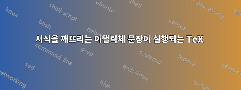 서식을 깨뜨리는 이탤릭체 문장이 실행되는 TeX