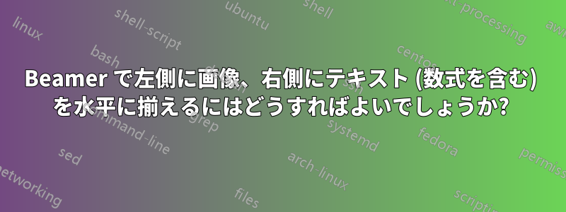 Beamer で左側に画像、右側にテキスト (数式を含む) を水平に揃えるにはどうすればよいでしょうか?