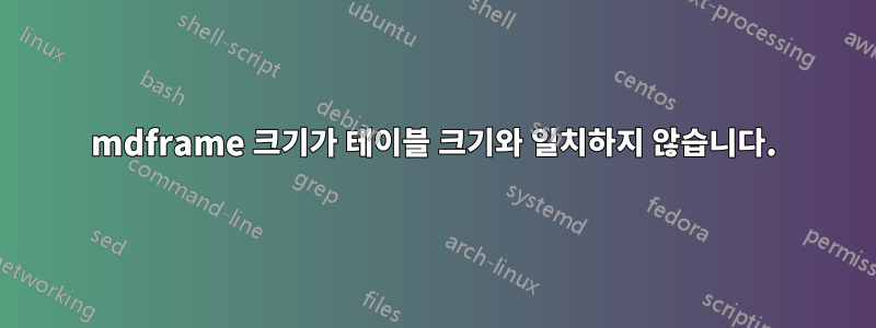 mdframe 크기가 테이블 크기와 일치하지 않습니다.