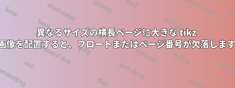 異なるサイズの横長ページに大きな tikz 画像を配置すると、フロートまたはページ番号が欠落します