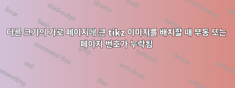 다른 크기의 가로 페이지에 큰 tikz 이미지를 배치할 때 부동 또는 페이지 번호가 누락됨