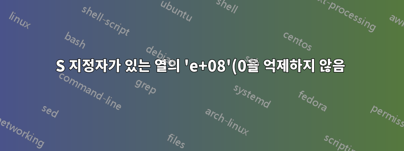 S 지정자가 있는 열의 'e+08'(0을 억제하지 않음) 표기법