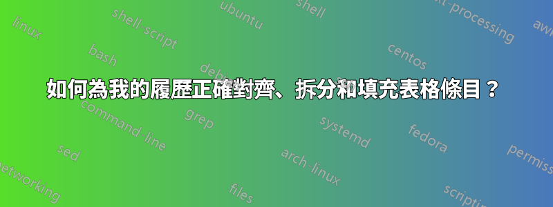 如何為我的履歷正確對齊、拆分和填充表格條目？