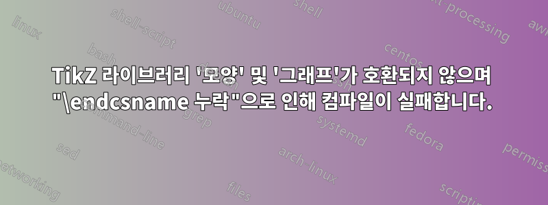 TikZ 라이브러리 '모양' 및 '그래프'가 호환되지 않으며 "\endcsname 누락"으로 인해 컴파일이 실패합니다.