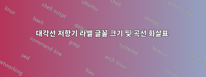 대각선 저항기 라벨 글꼴 크기 및 곡선 화살표