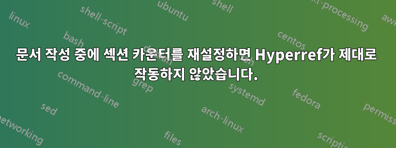 문서 작성 중에 섹션 카운터를 재설정하면 Hyperref가 제대로 작동하지 않았습니다.