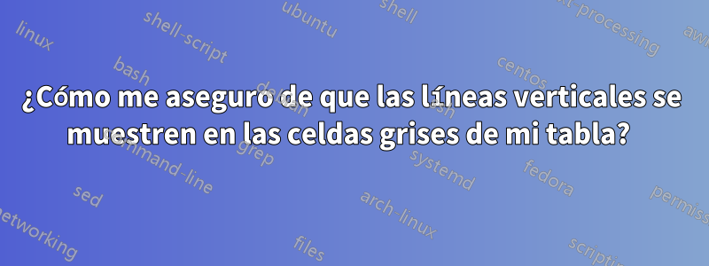 ¿Cómo me aseguro de que las líneas verticales se muestren en las celdas grises de mi tabla? 