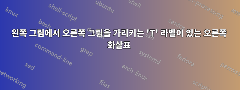 왼쪽 그림에서 오른쪽 그림을 가리키는 'T' 라벨이 있는 오른쪽 화살표