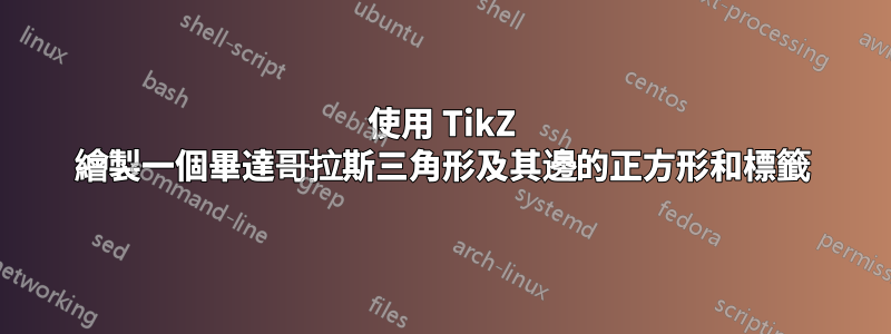 使用 TikZ 繪製一個畢達哥拉斯三角形及其邊的正方形和標籤