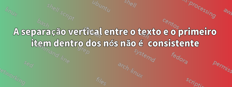 A separação vertical entre o texto e o primeiro item dentro dos nós não é consistente