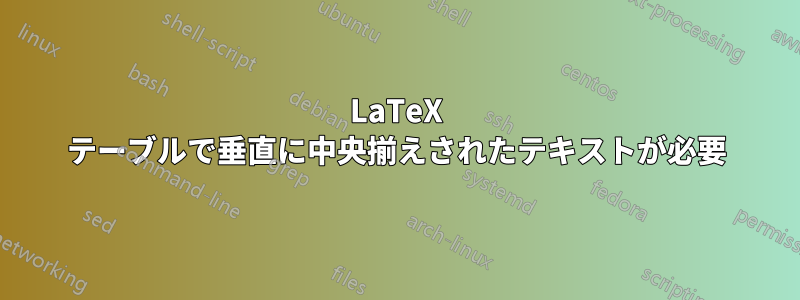 LaTeX テーブルで垂直に中央揃えされたテキストが必要