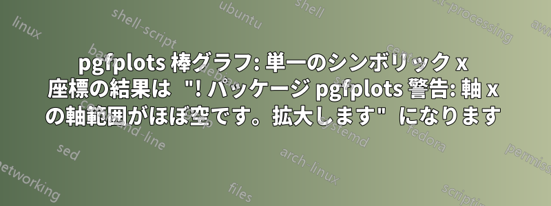 pgfplots 棒グラフ: 単一のシンボリック x 座標の結果は "! パッケージ pgfplots 警告: 軸 x の軸範囲がほぼ空です。拡大します" になります