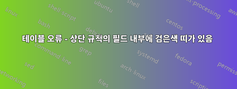 테이블 오류 - 상단 규칙의 필드 내부에 검은색 띠가 있음