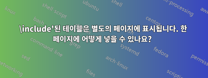 \include'된 테이블은 별도의 페이지에 표시됩니다. 한 페이지에 어떻게 넣을 수 있나요? 