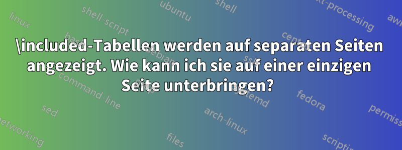 \included-Tabellen werden auf separaten Seiten angezeigt. Wie kann ich sie auf einer einzigen Seite unterbringen? 