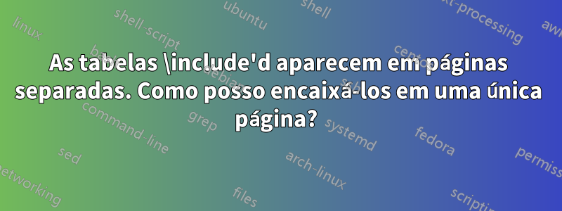 As tabelas \include'd aparecem em páginas separadas. Como posso encaixá-los em uma única página? 