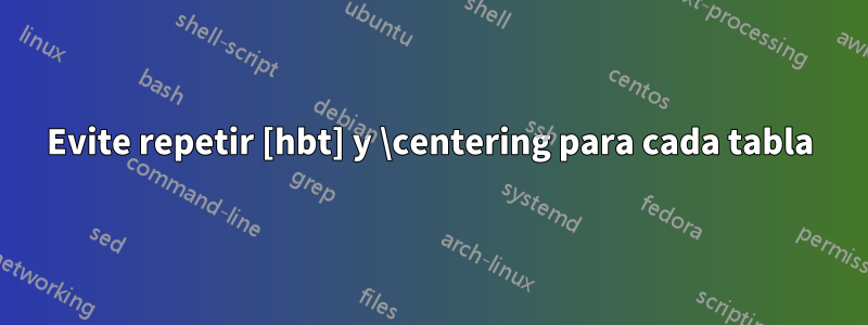 Evite repetir [hbt] y \centering para cada tabla