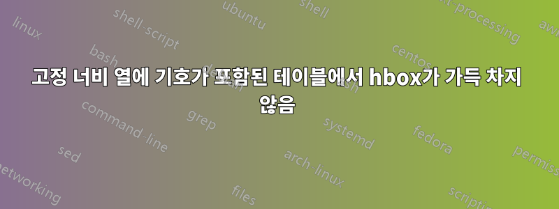 고정 너비 열에 기호가 포함된 테이블에서 hbox가 가득 차지 않음