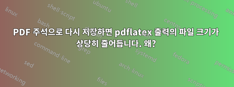 PDF 주석으로 다시 저장하면 pdflatex 출력의 파일 크기가 상당히 줄어듭니다. 왜?