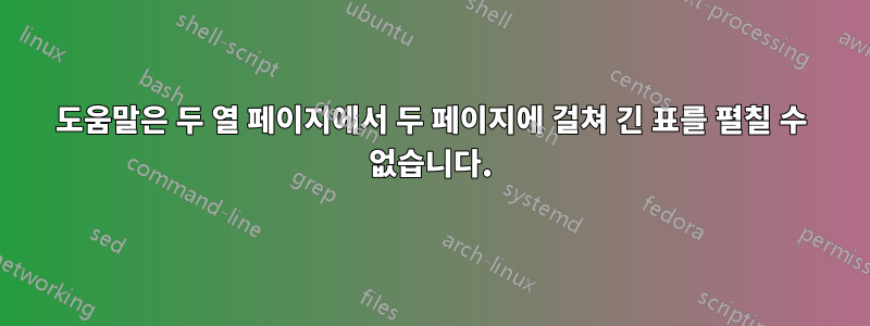 도움말은 두 열 페이지에서 두 페이지에 걸쳐 긴 표를 펼칠 수 없습니다.