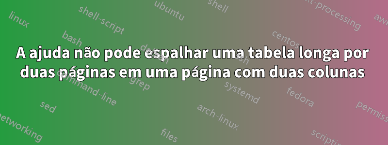 A ajuda não pode espalhar uma tabela longa por duas páginas em uma página com duas colunas