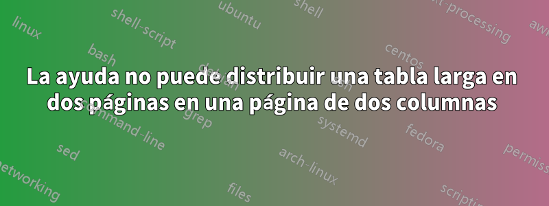 La ayuda no puede distribuir una tabla larga en dos páginas en una página de dos columnas