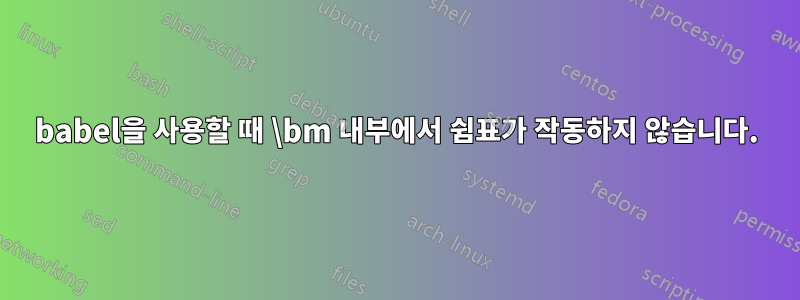 babel을 사용할 때 \bm 내부에서 쉼표가 작동하지 않습니다.