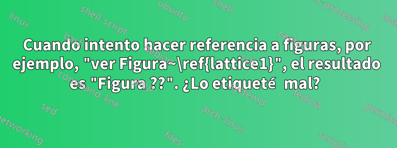Cuando intento hacer referencia a figuras, por ejemplo, "ver Figura~\ref{lattice1}", el resultado es "Figura ??". ¿Lo etiqueté mal? 