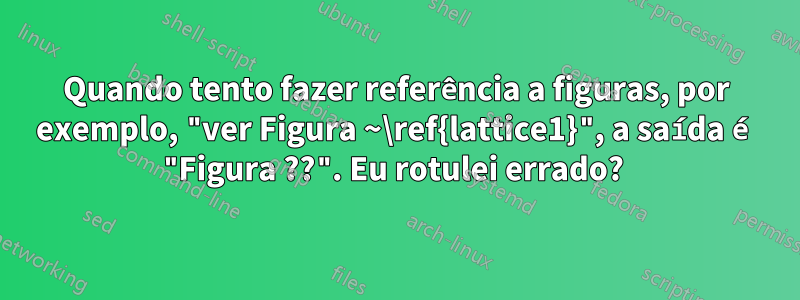 Quando tento fazer referência a figuras, por exemplo, "ver Figura ~\ref{lattice1}", a saída é "Figura ??". Eu rotulei errado? 