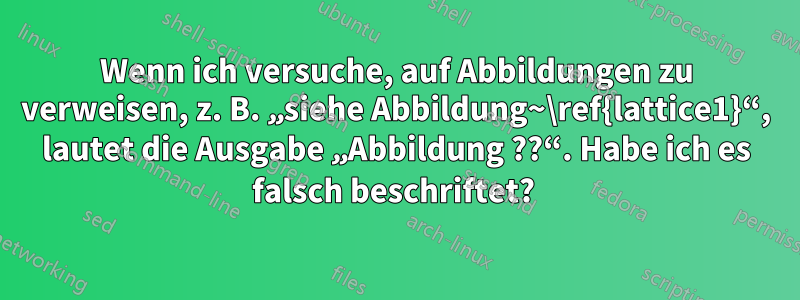 Wenn ich versuche, auf Abbildungen zu verweisen, z. B. „siehe Abbildung~\ref{lattice1}“, lautet die Ausgabe „Abbildung ??“. Habe ich es falsch beschriftet? 