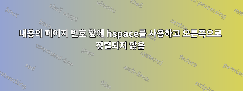 내용의 페이지 번호 앞에 hspace를 사용하고 오른쪽으로 정렬되지 않음