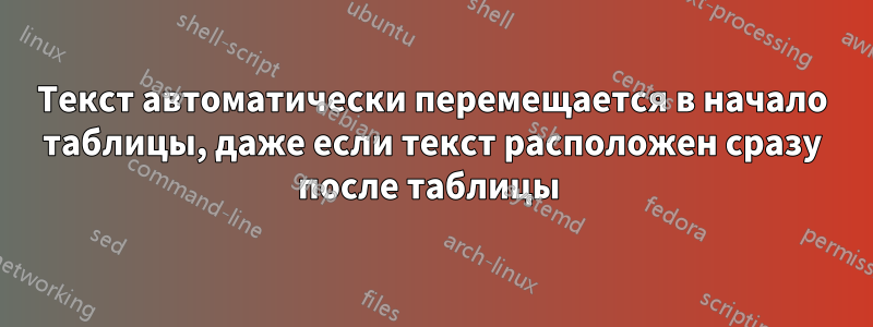 Текст автоматически перемещается в начало таблицы, даже если текст расположен сразу после таблицы 