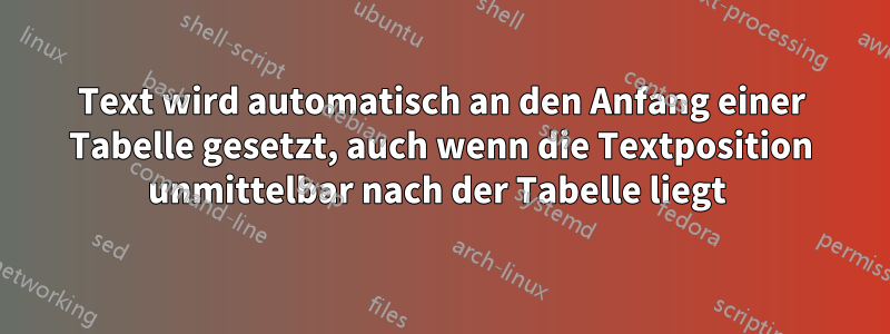 Text wird automatisch an den Anfang einer Tabelle gesetzt, auch wenn die Textposition unmittelbar nach der Tabelle liegt 