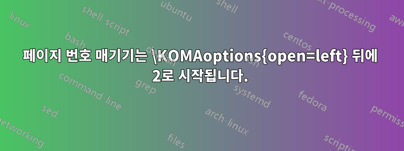 페이지 번호 매기기는 \KOMAoptions{open=left} 뒤에 2로 시작됩니다.