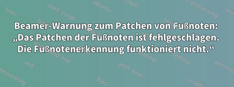 Beamer-Warnung zum Patchen von Fußnoten: „Das Patchen der Fußnoten ist fehlgeschlagen. Die Fußnotenerkennung funktioniert nicht.“